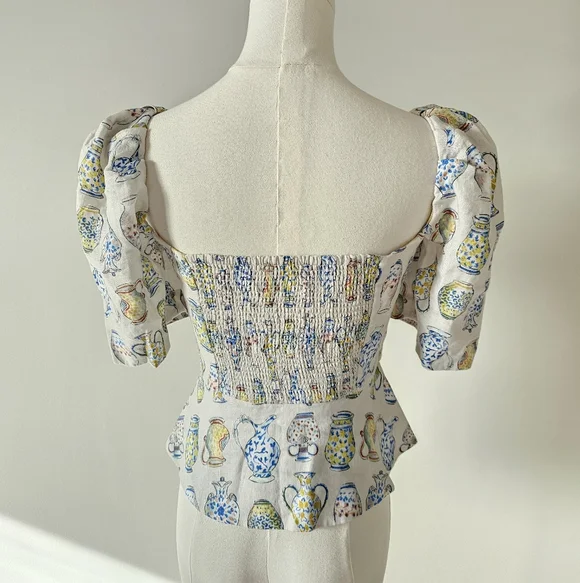 Aritzia Wilfred S Linen Smocked Fatale Vase Blouse Floral Print Women's Top - Picture 2 of 6